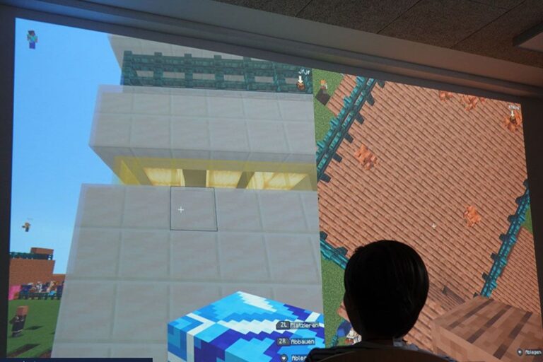 Eine Person sitzt vor einem Bildschirm und spielt Minecraft