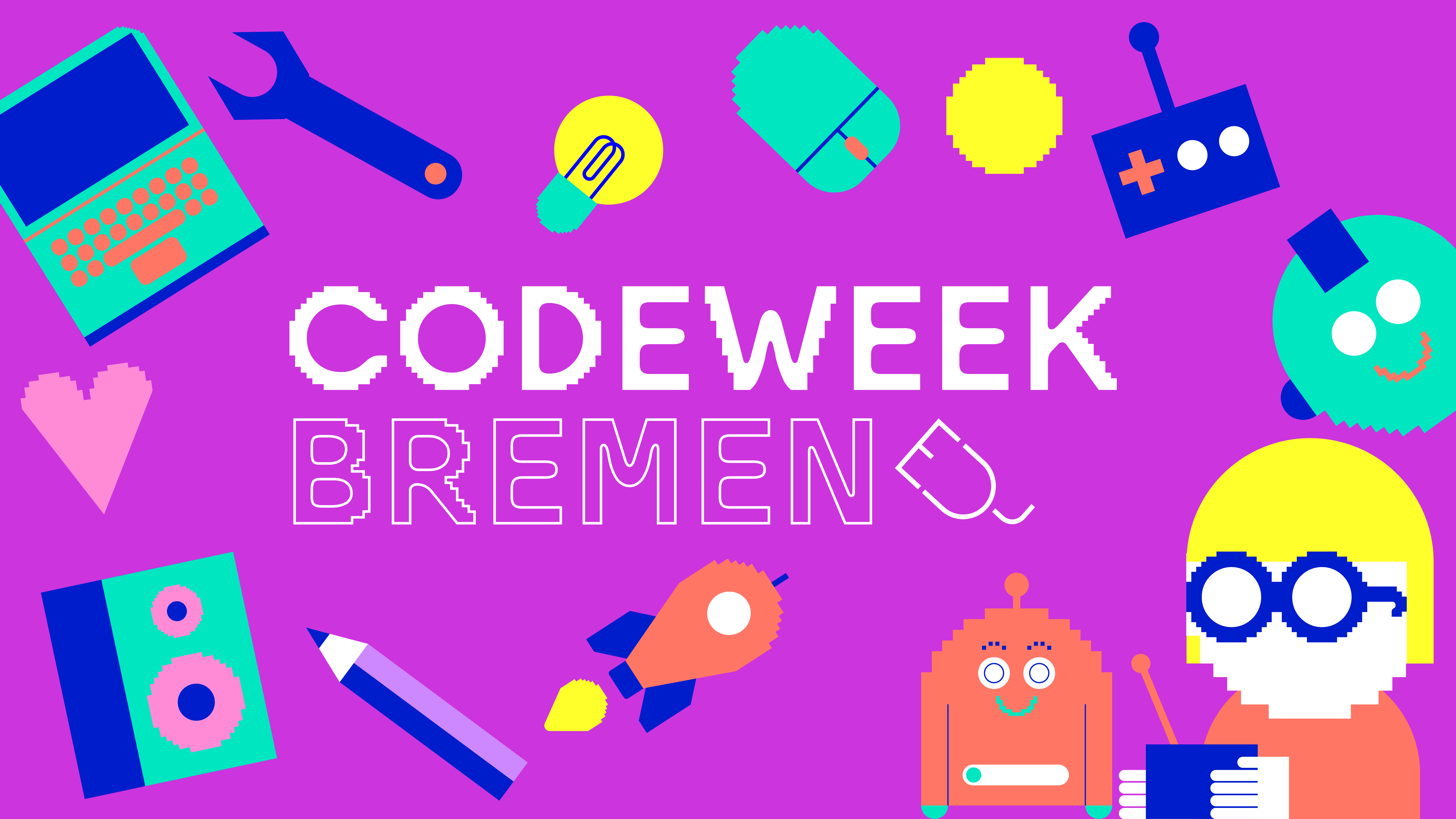 Das Logo der CodeWeek Bremen zeigt Icons mit Computern, Tastaturen, Robotern.