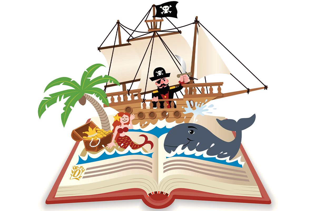 Grafik eines Piraten auf einem Schiff, der durch ein Büchermeer segelt