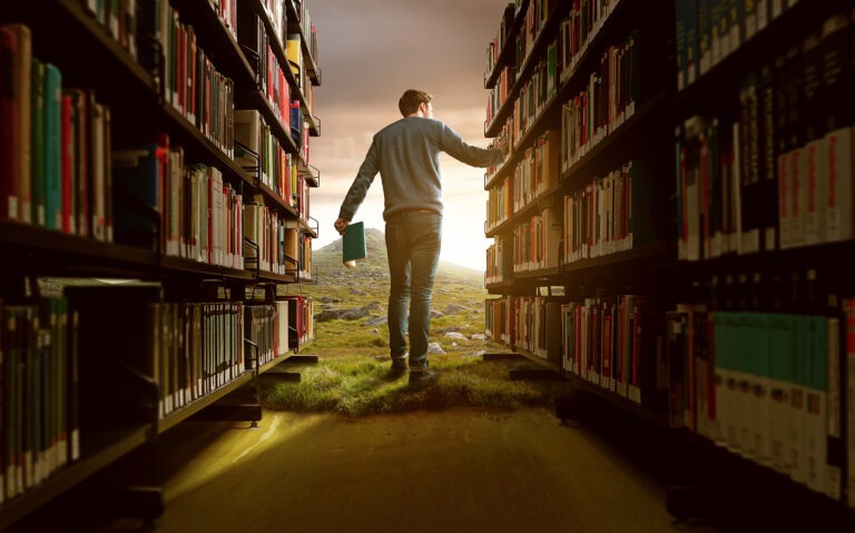 Bu resimde iki kitaplık arasından manzaraya doğru yürüyen bir adamı görüyorsunuz. Fotoğraf bir montajdır. 