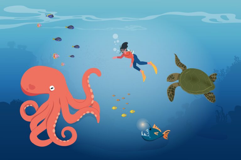 موتیف گرافیکی با موجودات دریایی و غواص
