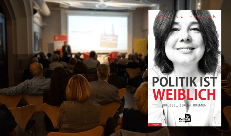 Zu sehen ist das Buchcover mit dem Titel "Politik ist weiblich". Zusätzlich ist auf dem Cover eine schwarz-weiß Fotografie von Ulrike Hiller abgebildet.