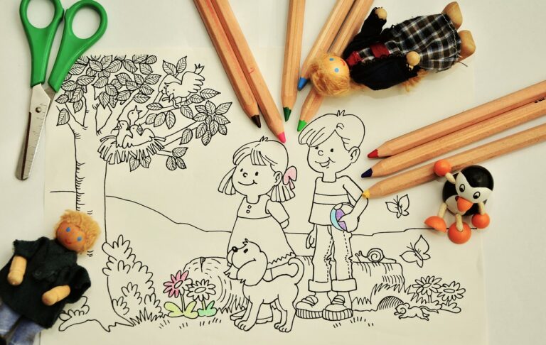 Coloring page with pens and scissors