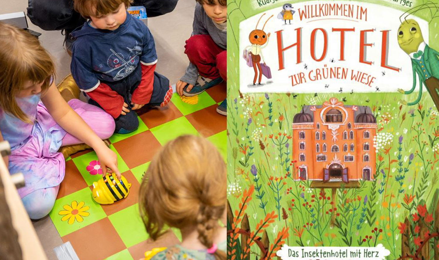 Children play with Beebots and cover of the book &quot;Welcome to the Green Meadow Hotel&quot;