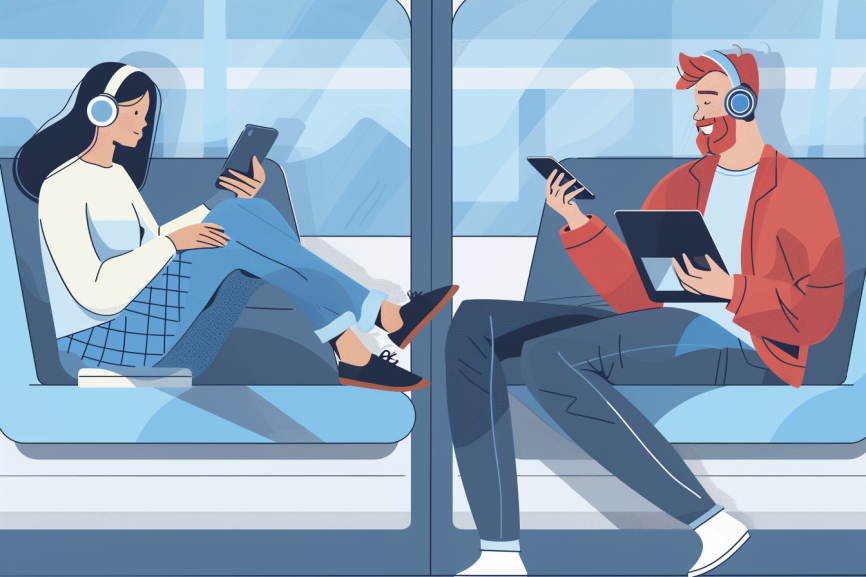 Жена и мъж седят във влака и четат на смартфоните си