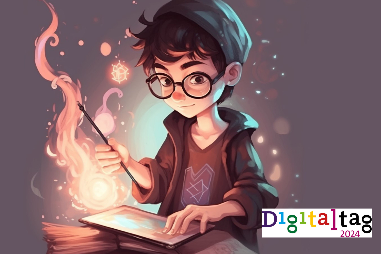 A little boy (cartoon character) tries to do magic and the digital tag logo.