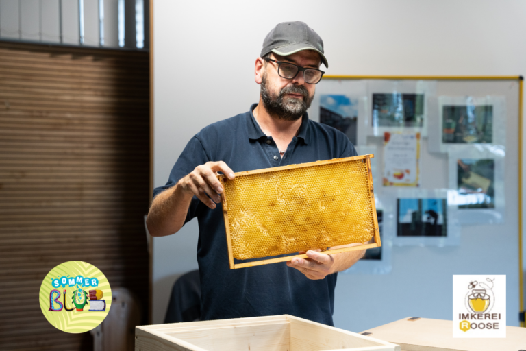مربي النحل مع قرص العسل في يده.