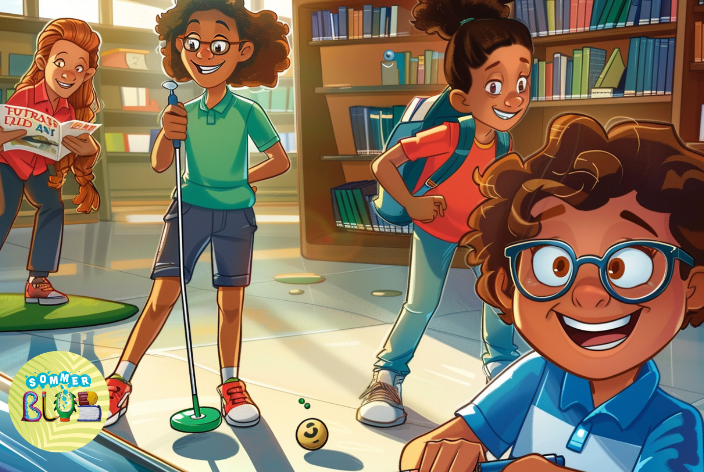 Ilustracja przedstawiająca dzieci bawiące się w minigolfa w bibliotece