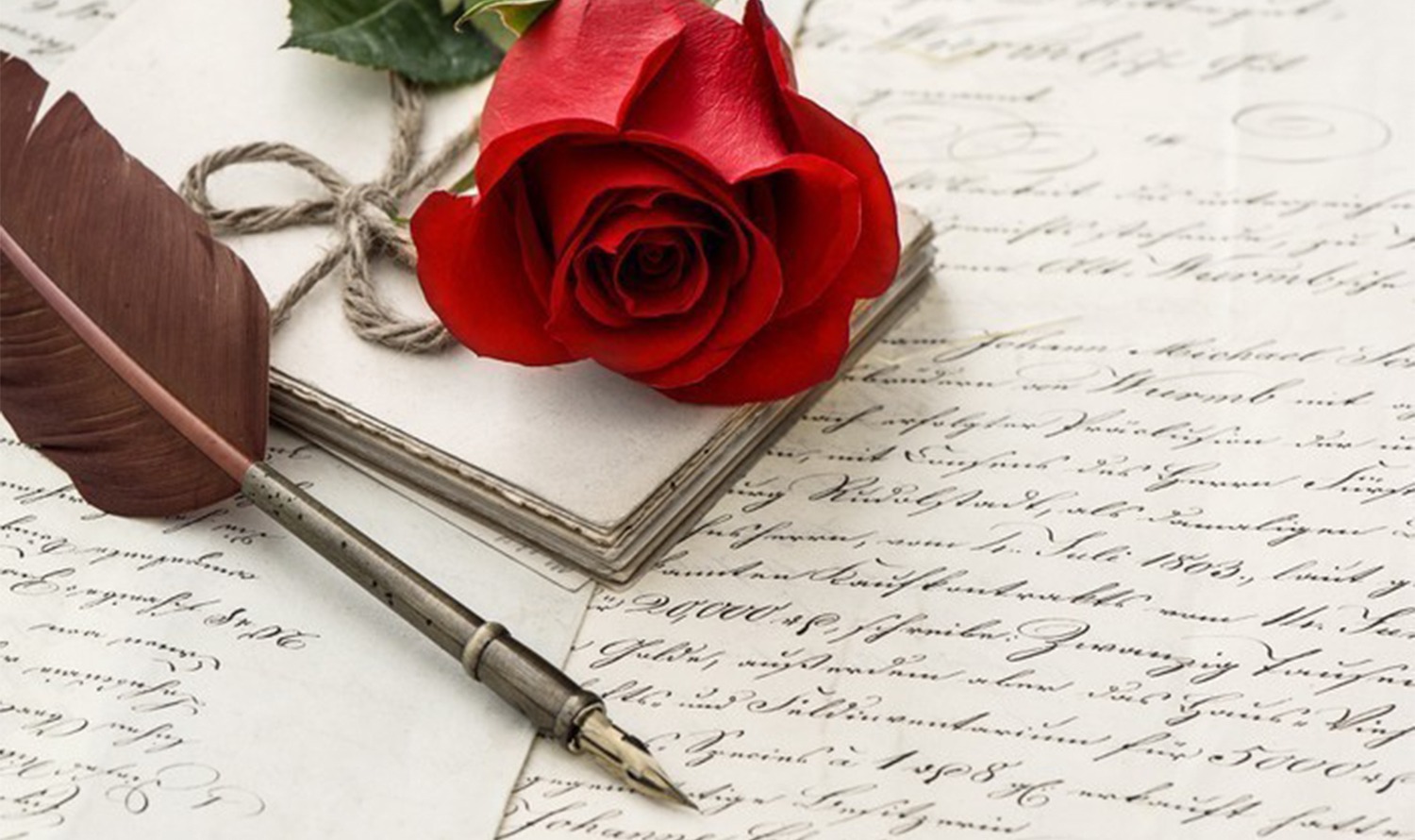 این تصویر شامل یک گل رز قرمز، یک قلم قدیمی و چندین نامه دست نویس است که فضایی نوستالژیک را ایجاد می کند.