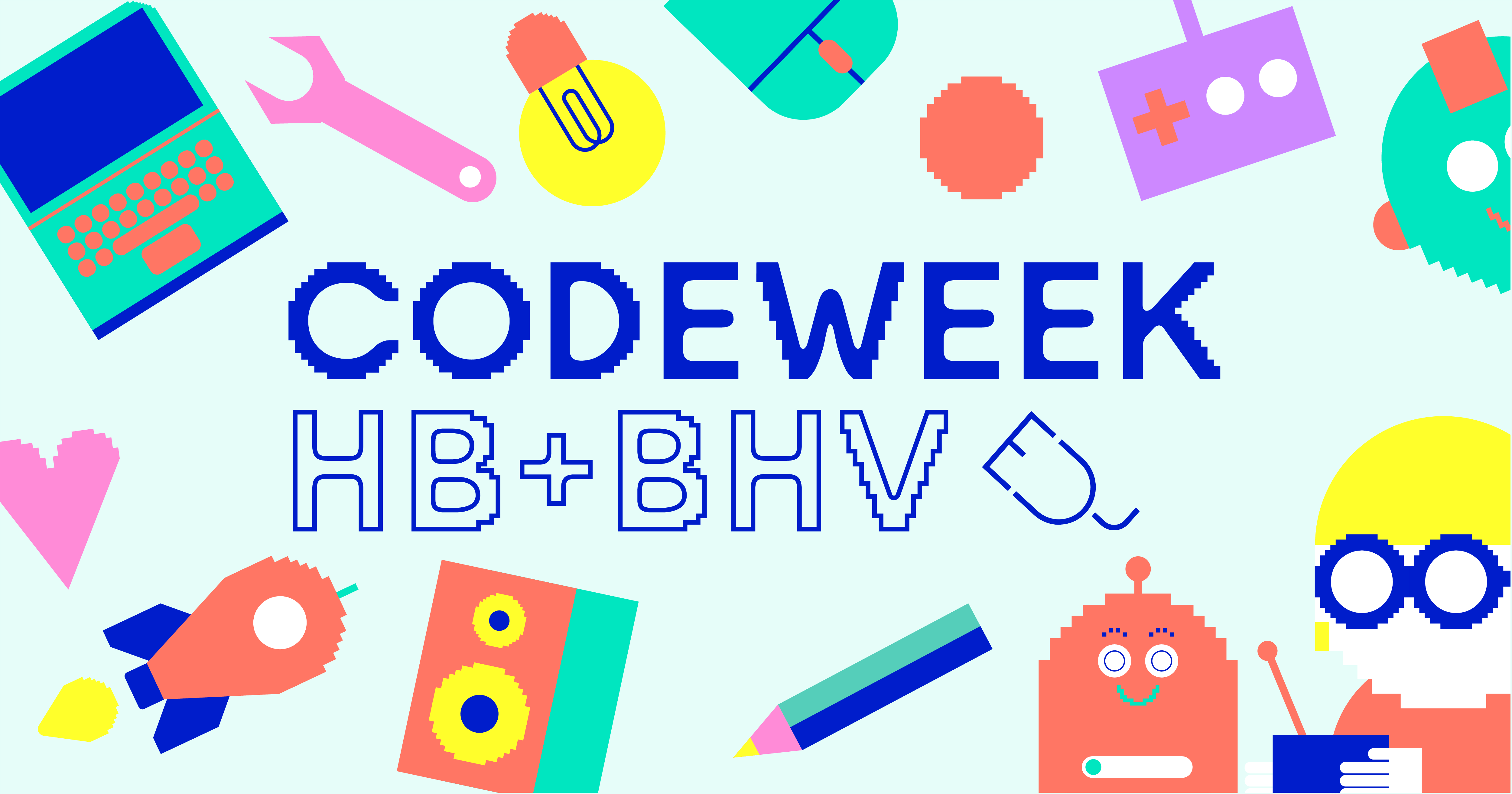 Various icons on the theme of Code Week on a blue background